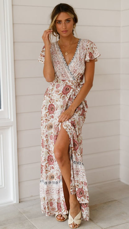 Spot Summer Casual Holiday Floral Print Dress Sexy Dress Women Clothing Wrap Dress by Ragazza