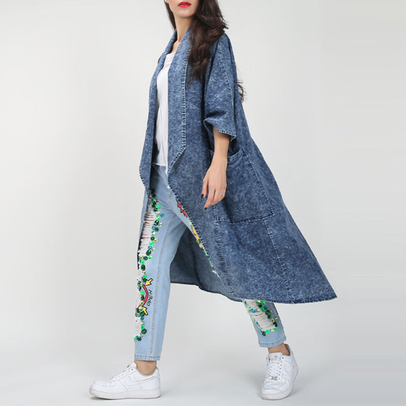 Autumn Winter Loose Lapels Half Sleeve Irregular Asymmetric Hem Long Denim Trench Coat Coat for Women by Ragazza