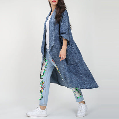 Autumn Winter Loose Lapels Half Sleeve Irregular Asymmetric Hem Long Denim Trench Coat Coat for Women by Ragazza