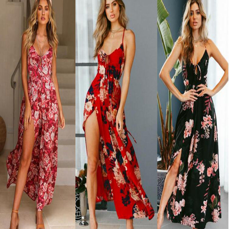 Spring Summer Arrival Dress Printed Large Swing Slit Slim-Fitting Strappy Low Cut Maxi Dress  DestGlow