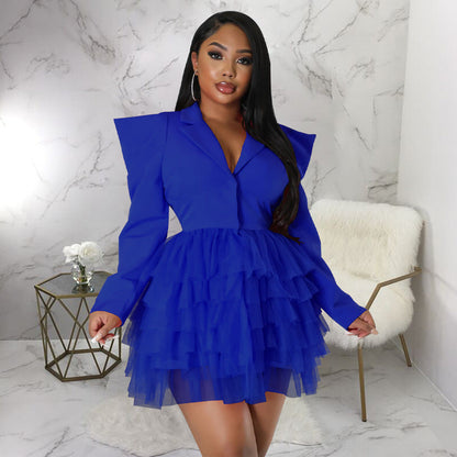 Autumn Mesh V neck Patchwork Right Angle Shoulder Dress by Ragazza