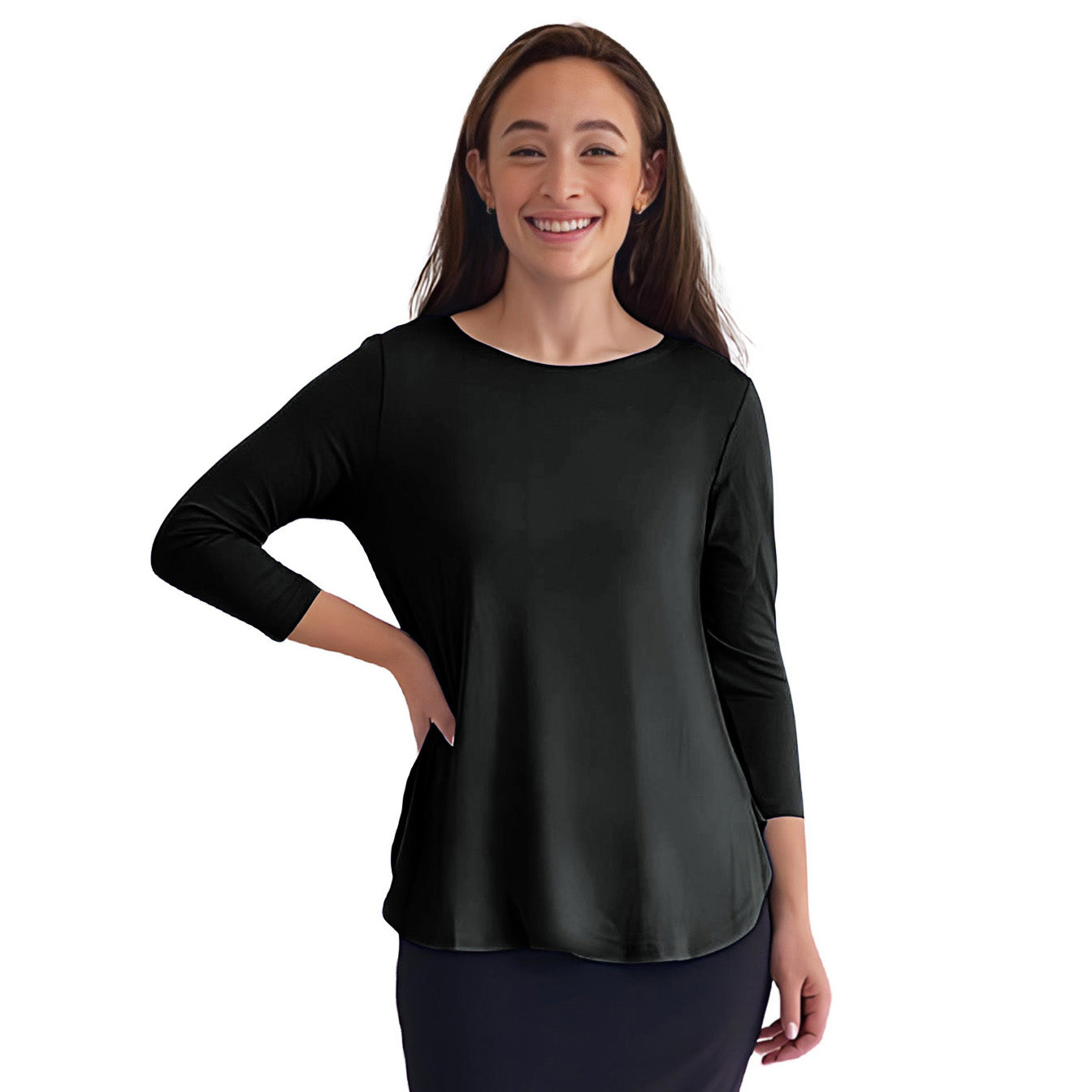 Curved Side Hem Tunic with 3/4 Sleeves and Modest Crew Neckline by Kosher Casual USA