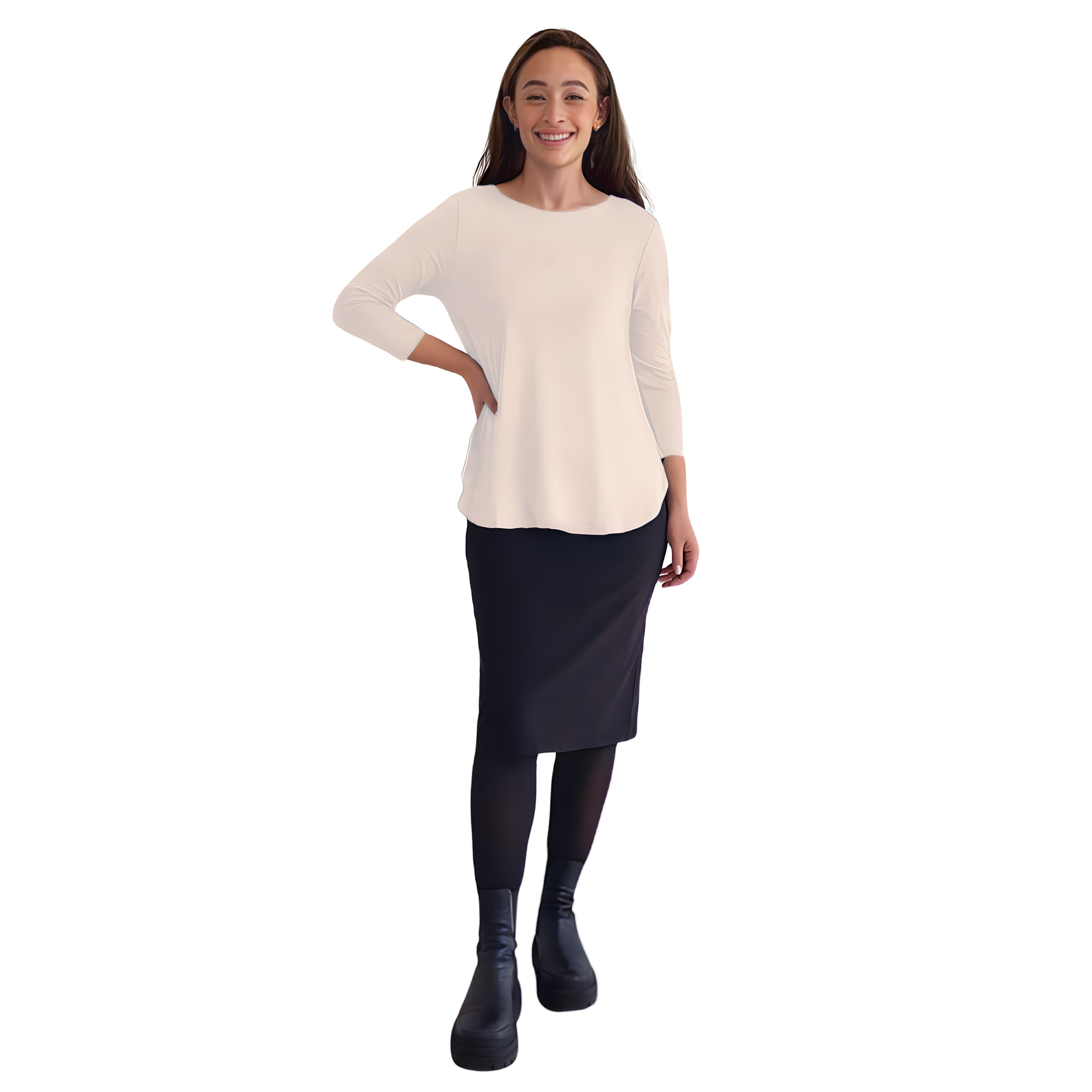 Curved Side Hem Tunic with 3/4 Sleeves and Modest Crew Neckline by Kosher Casual USA