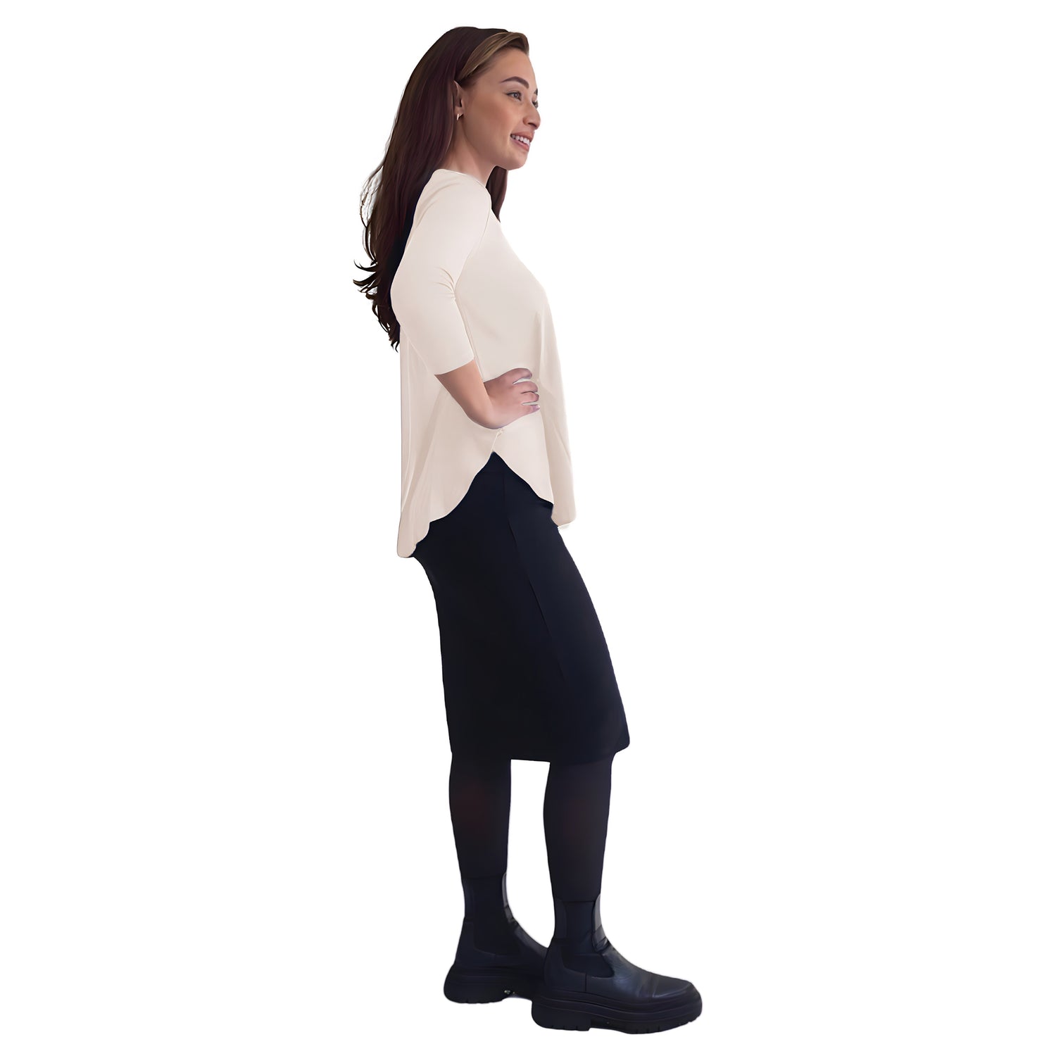 Curved Side Hem Tunic with 3/4 Sleeves and Modest Crew Neckline by Kosher Casual USA