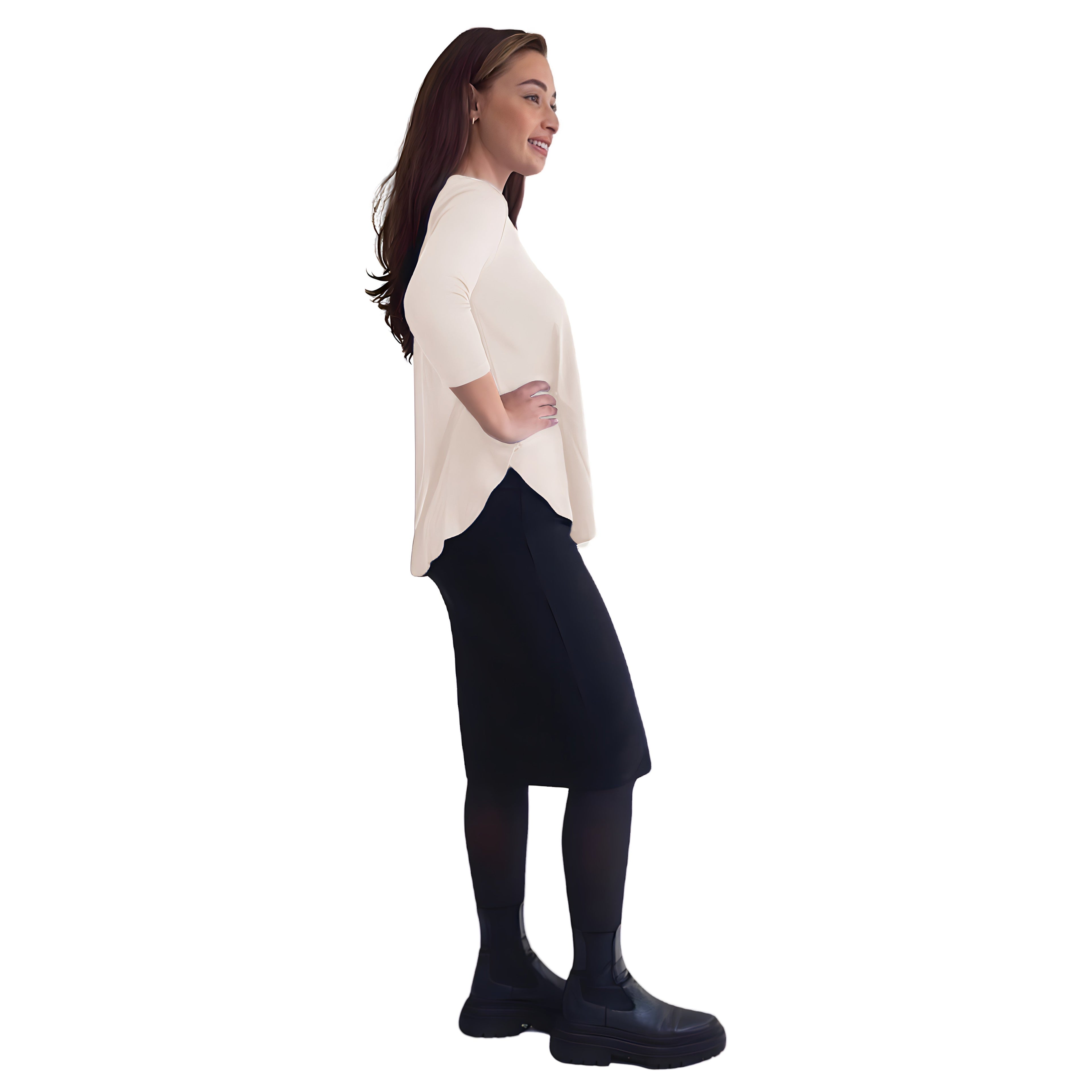 Curved Side Hem Tunic with 3/4 Sleeves and Modest Crew Neckline by Kosher Casual USA