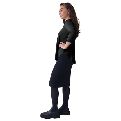 Curved Side Hem Tunic with 3/4 Sleeves and Modest Crew Neckline by Kosher Casual USA
