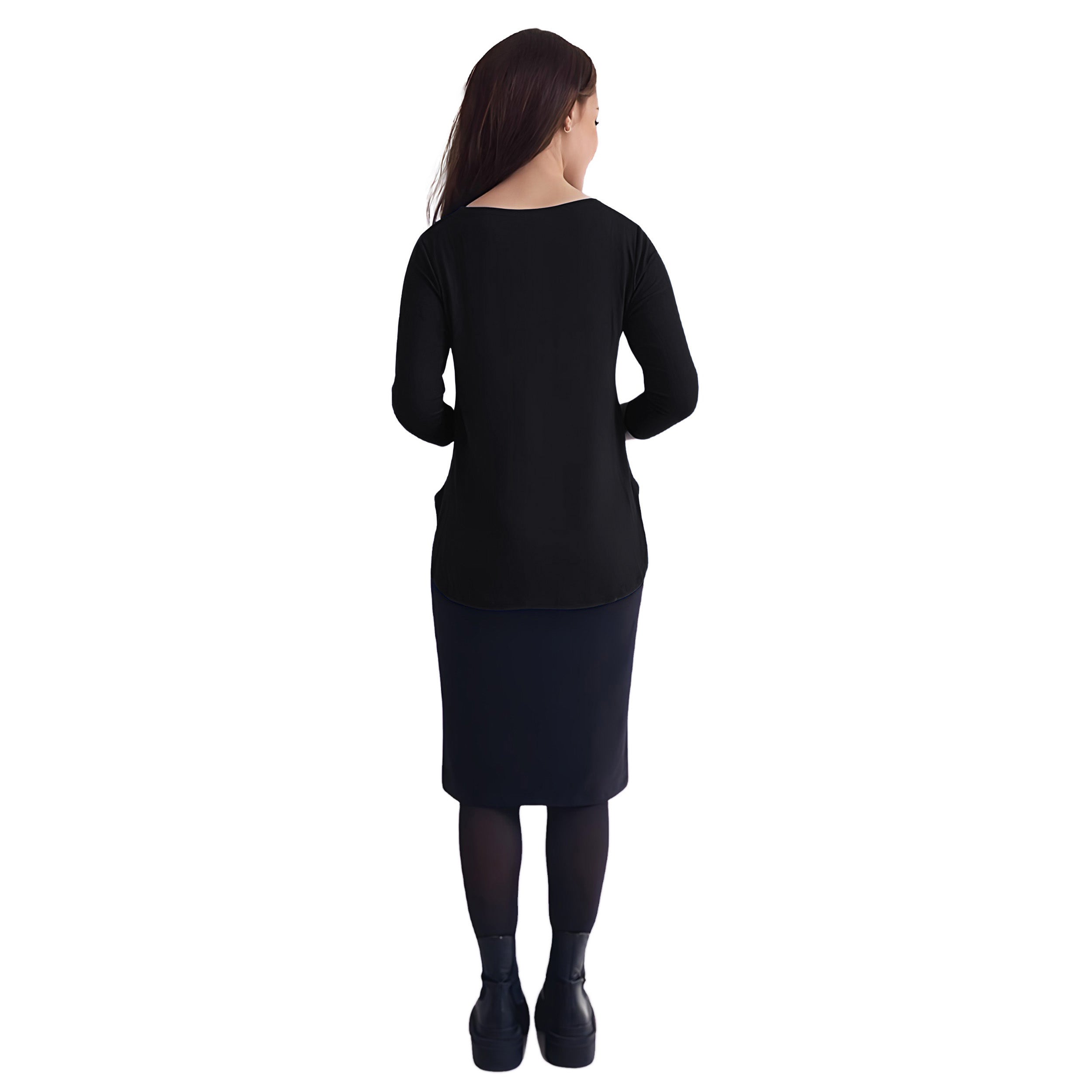 Curved Side Hem Tunic with 3/4 Sleeves and Modest Crew Neckline by Kosher Casual USA