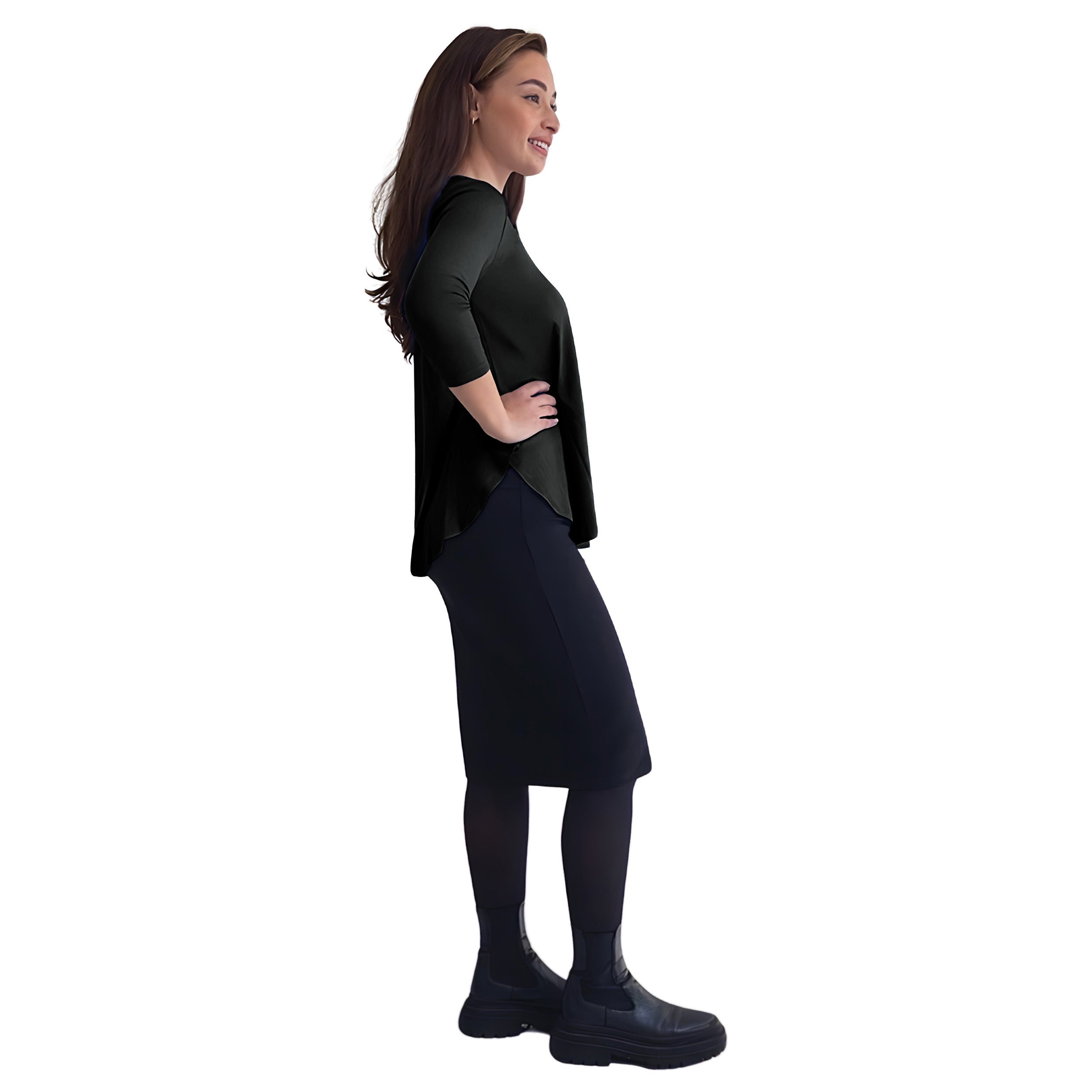 Curved Side Hem Tunic with 3/4 Sleeves and Modest Crew Neckline by Kosher Casual USA