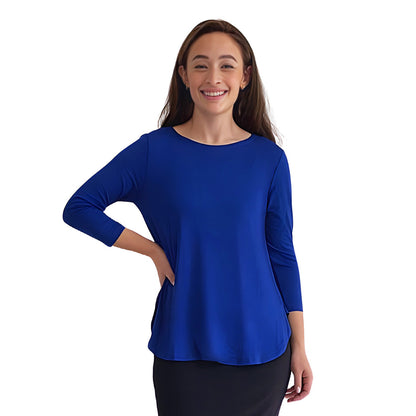 Curved Side Hem Tunic with 3/4 Sleeves and Modest Crew Neckline by Kosher Casual USA