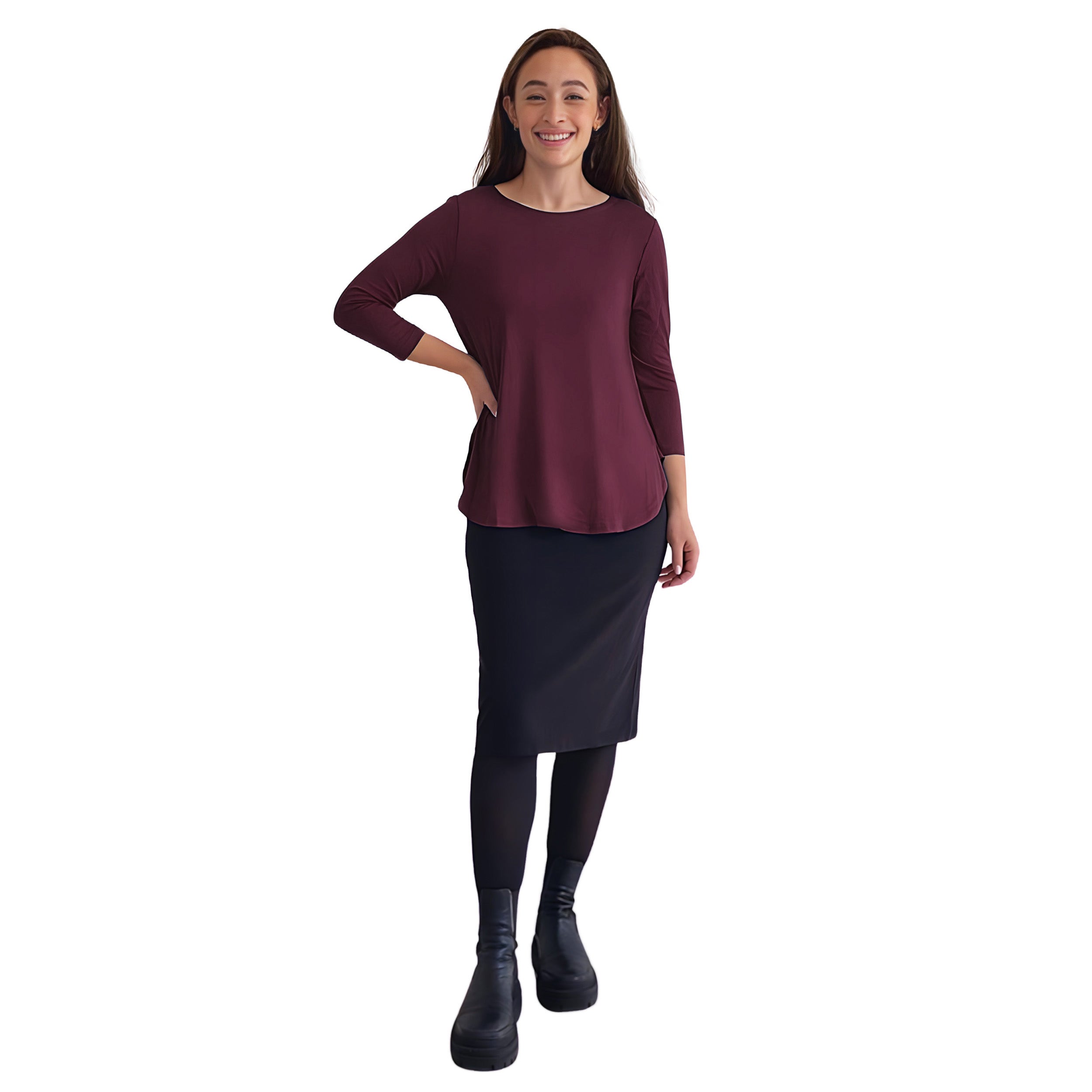 Curved Side Hem Tunic with 3/4 Sleeves and Modest Crew Neckline by Kosher Casual USA