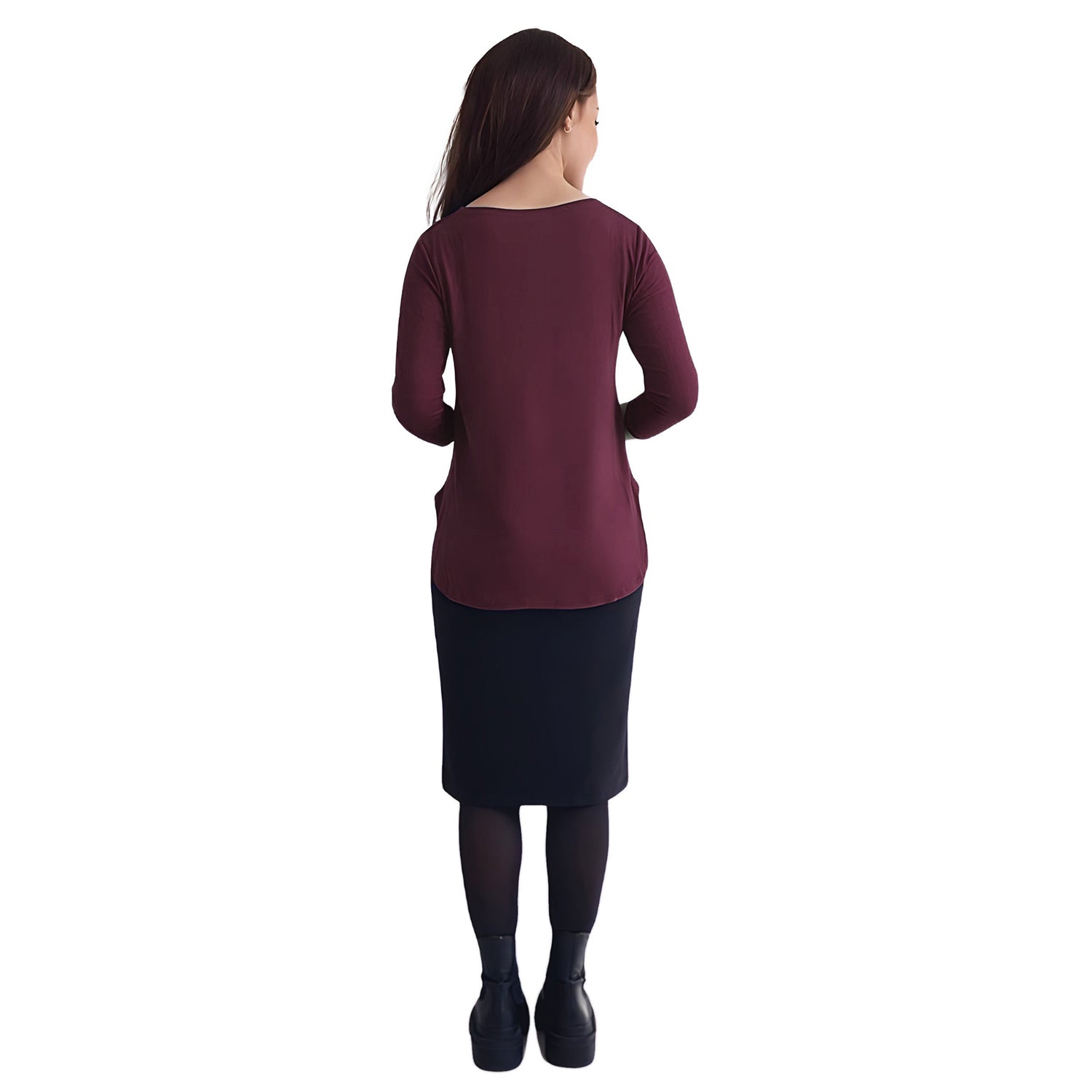 Curved Side Hem Tunic with 3/4 Sleeves and Modest Crew Neckline by Kosher Casual USA