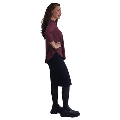 Curved Side Hem Tunic with 3/4 Sleeves and Modest Crew Neckline by Kosher Casual USA