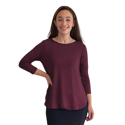 Curved Side Hem Tunic with 3/4 Sleeves and Modest Crew Neckline by Kosher Casual USA