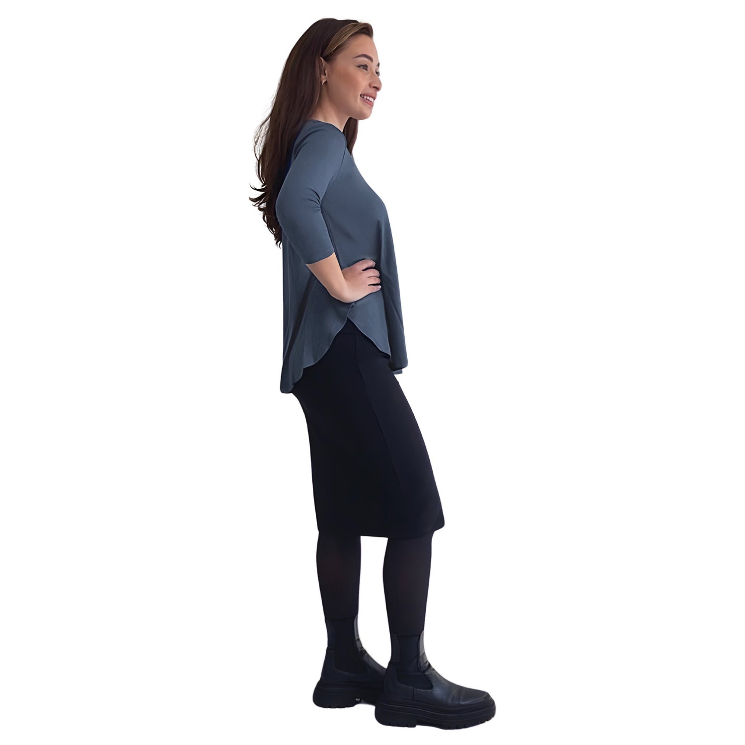 Curved Side Hem Tunic with 3/4 Sleeves and Modest Crew Neckline by Kosher Casual USA