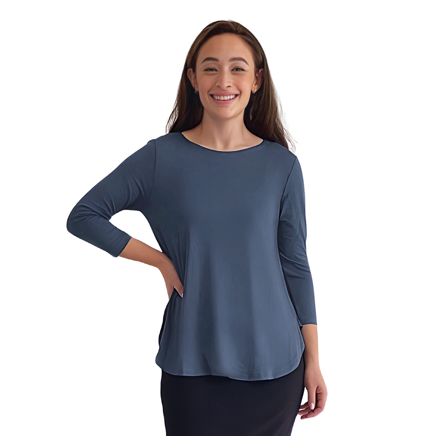 Curved Side Hem Tunic with 3/4 Sleeves and Modest Crew Neckline by Kosher Casual USA