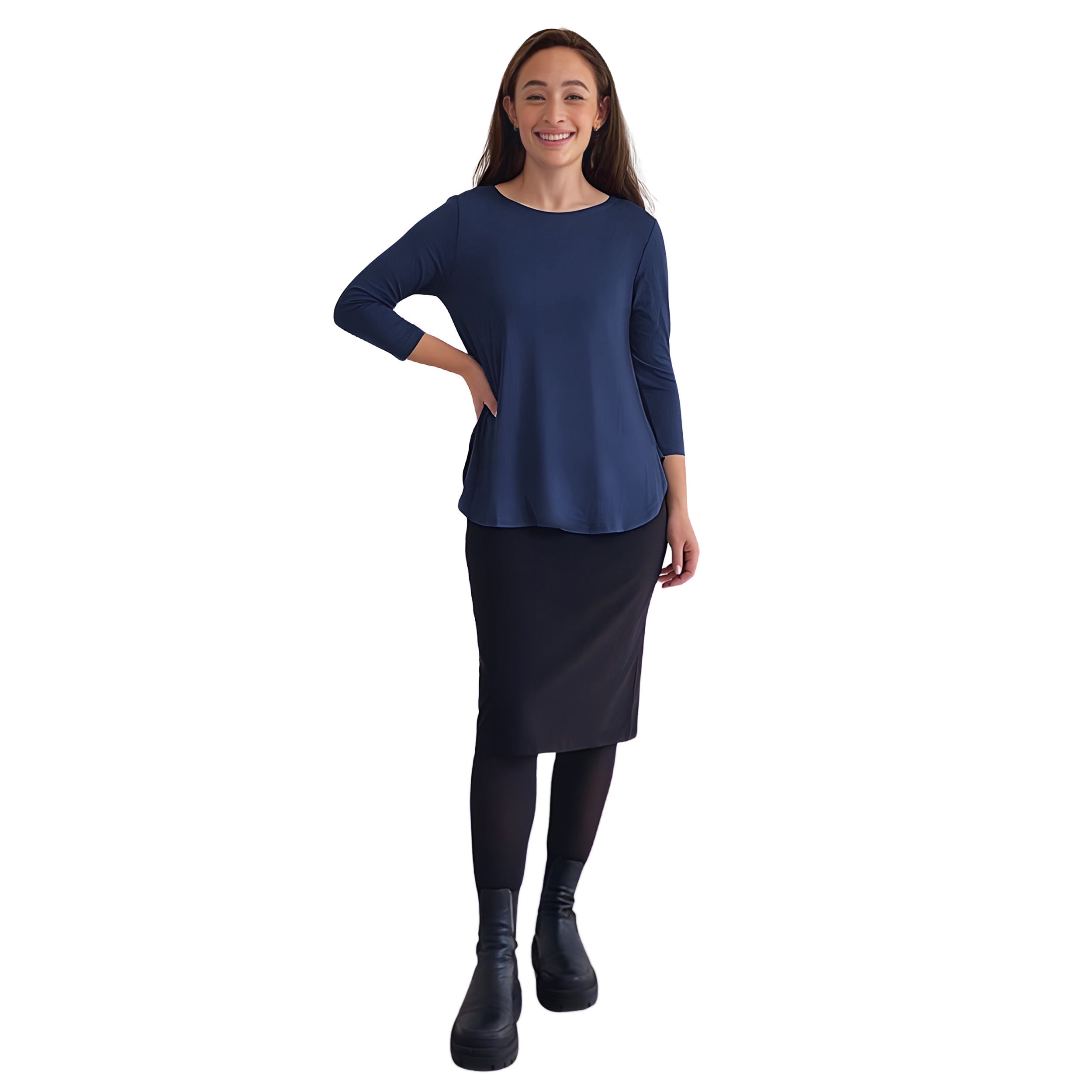 Curved Side Hem Tunic with 3/4 Sleeves and Modest Crew Neckline by Kosher Casual USA