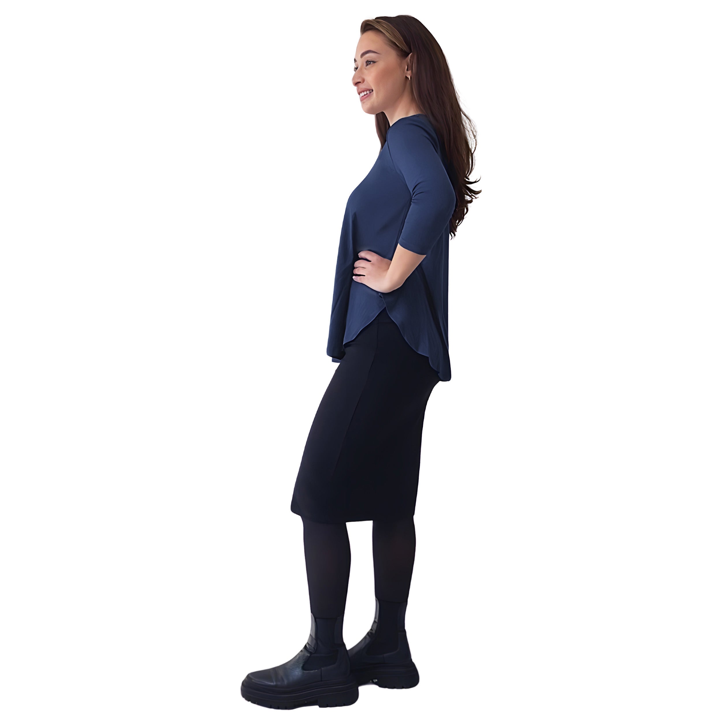 Curved Side Hem Tunic with 3/4 Sleeves and Modest Crew Neckline by Kosher Casual USA