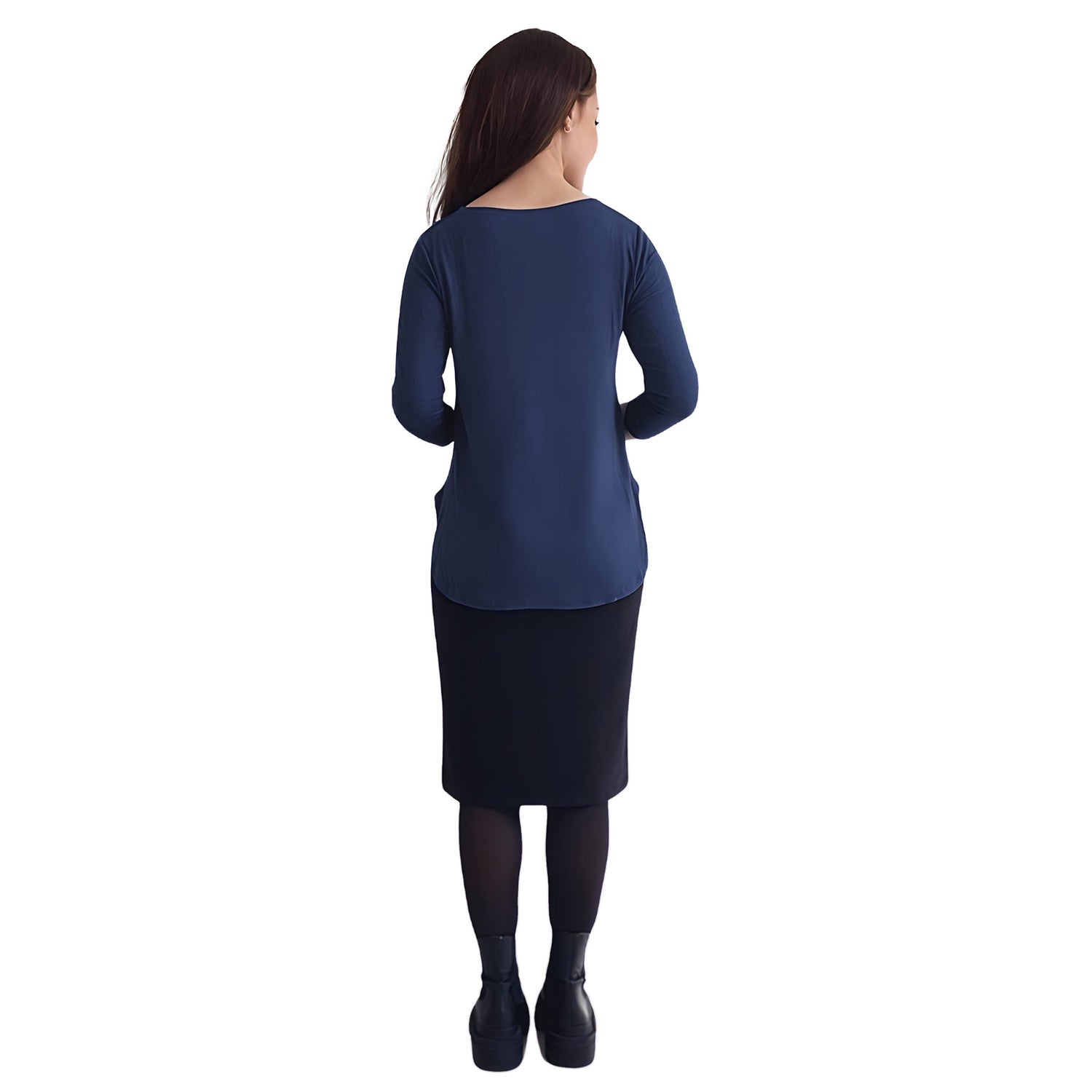 Curved Side Hem Tunic with 3/4 Sleeves and Modest Crew Neckline by Kosher Casual USA