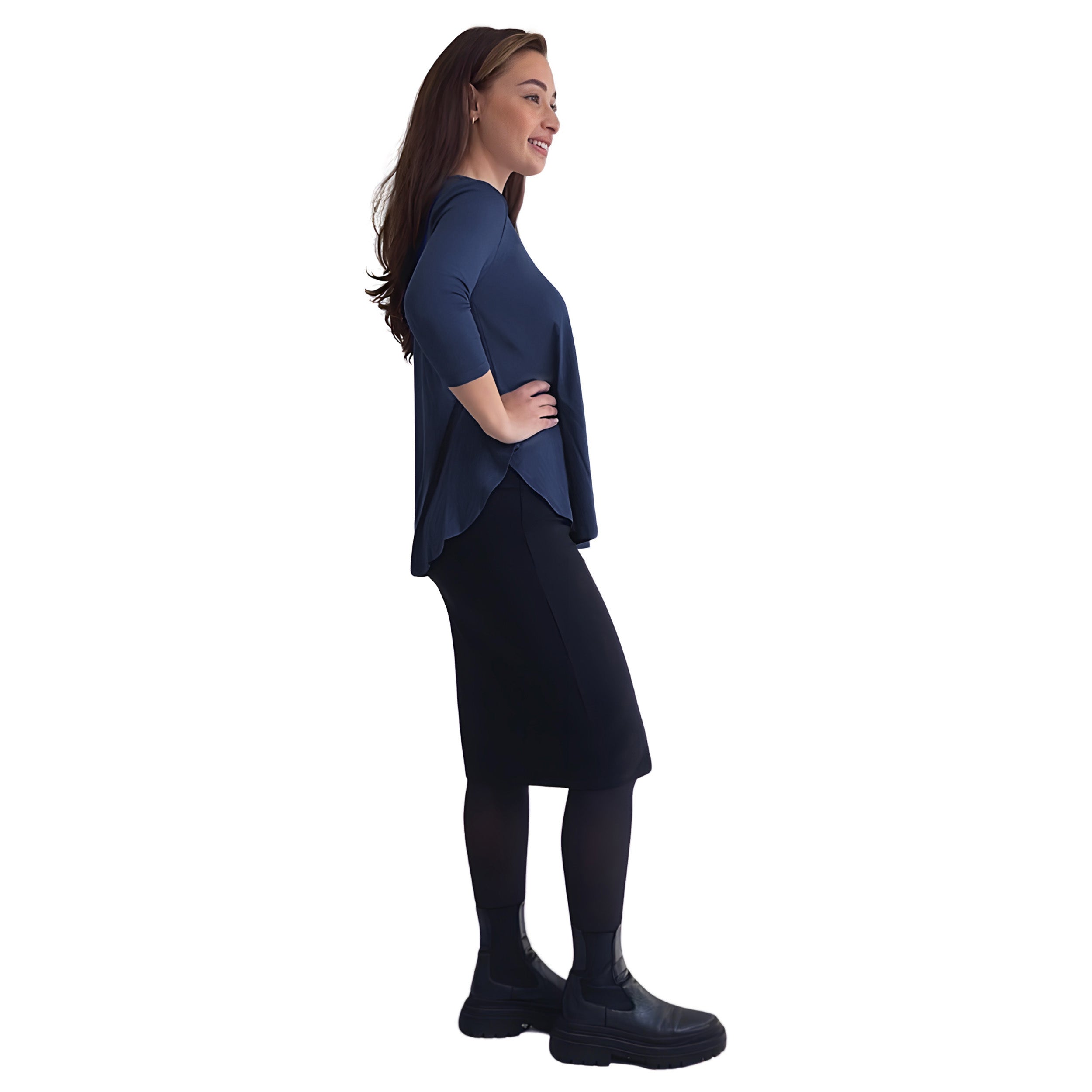 Curved Side Hem Tunic with 3/4 Sleeves and Modest Crew Neckline by Kosher Casual USA