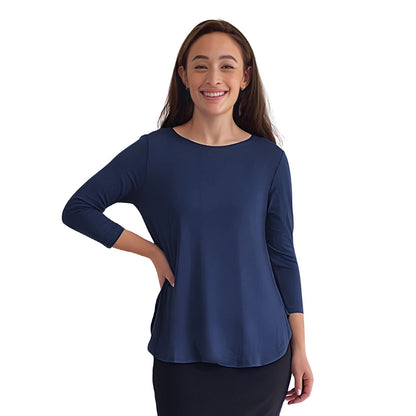 Curved Side Hem Tunic with 3/4 Sleeves and Modest Crew Neckline by Kosher Casual USA