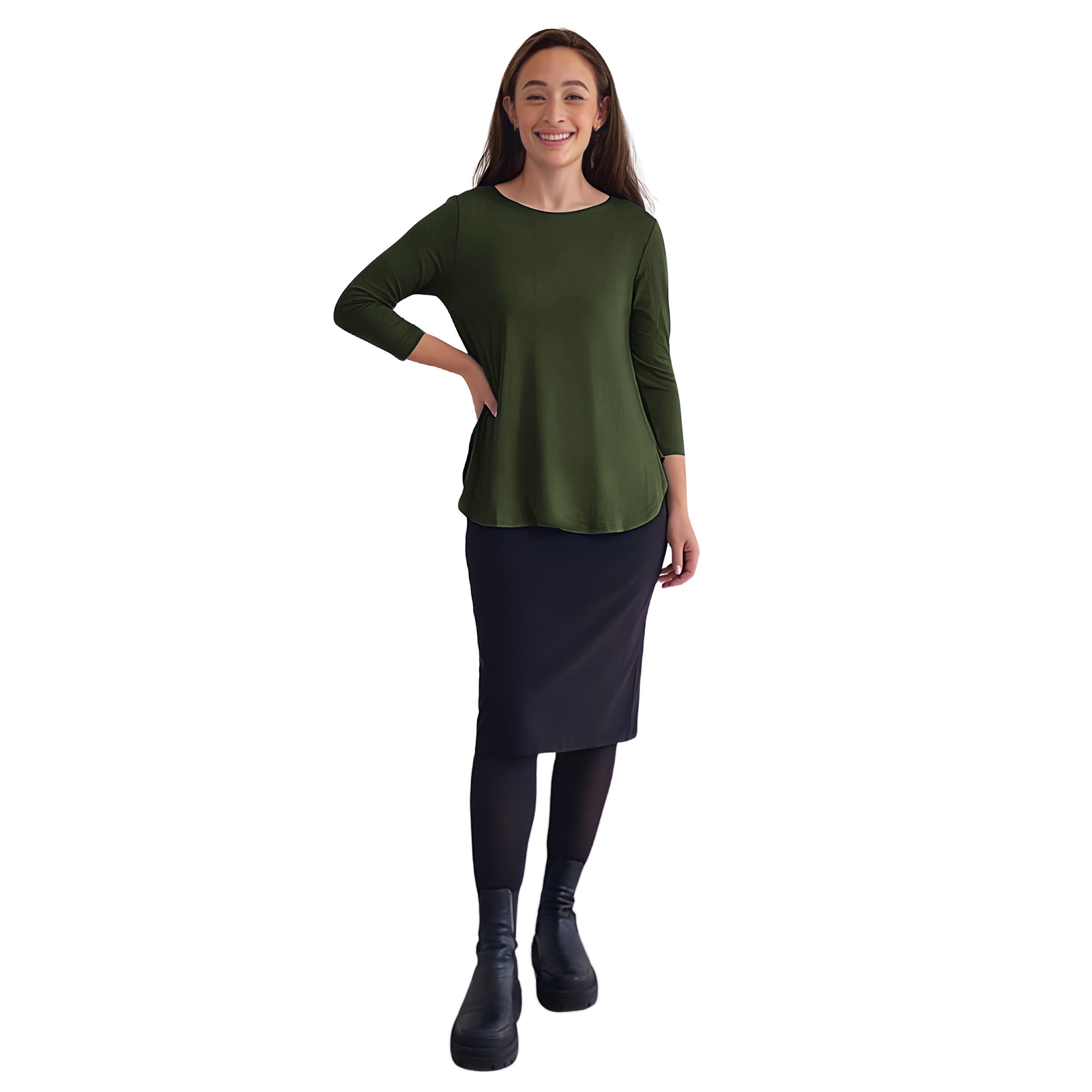 Curved Side Hem Tunic with 3/4 Sleeves and Modest Crew Neckline by Kosher Casual USA