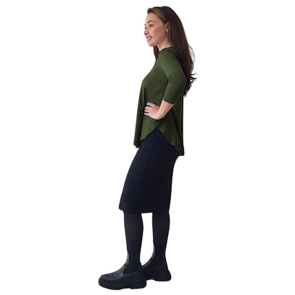 Curved Side Hem Tunic with 3/4 Sleeves and Modest Crew Neckline by Kosher Casual USA