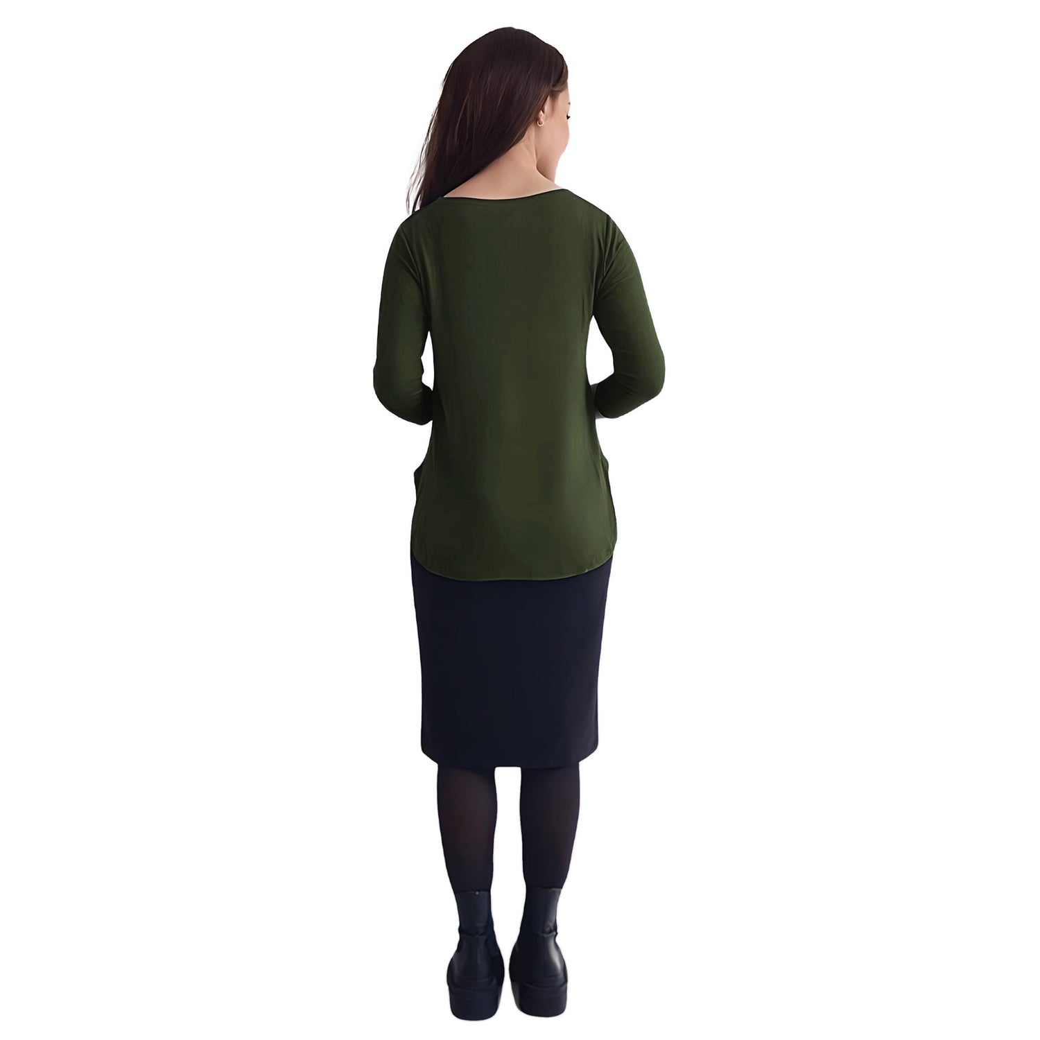Curved Side Hem Tunic with 3/4 Sleeves and Modest Crew Neckline by Kosher Casual USA