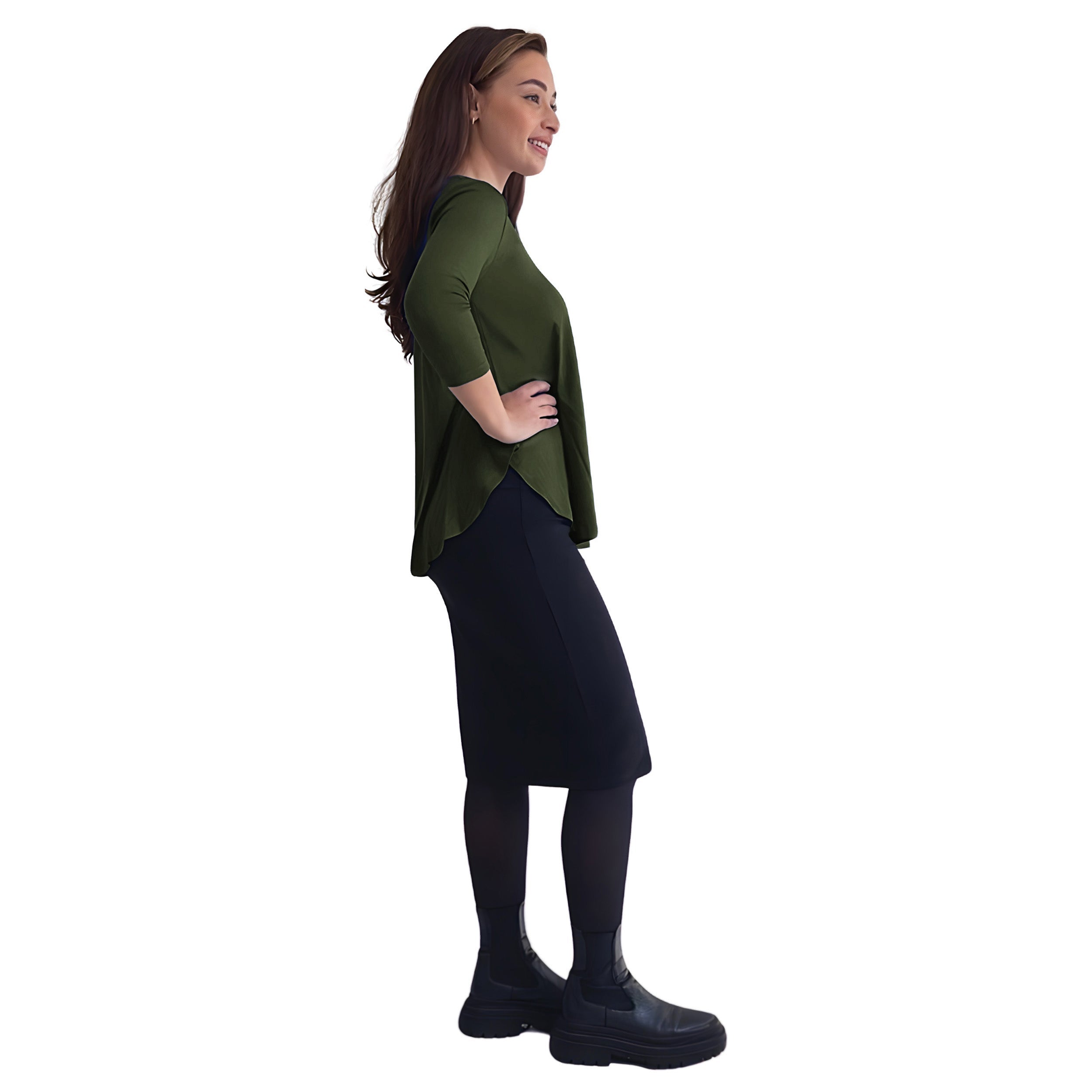 Curved Side Hem Tunic with 3/4 Sleeves and Modest Crew Neckline by Kosher Casual USA
