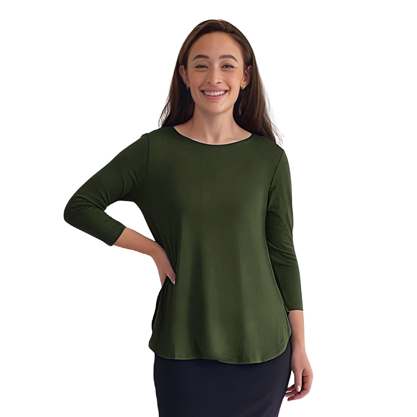 Curved Side Hem Tunic with 3/4 Sleeves and Modest Crew Neckline by Kosher Casual USA