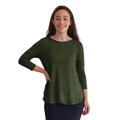 Curved Side Hem Tunic with 3/4 Sleeves and Modest Crew Neckline by Kosher Casual USA