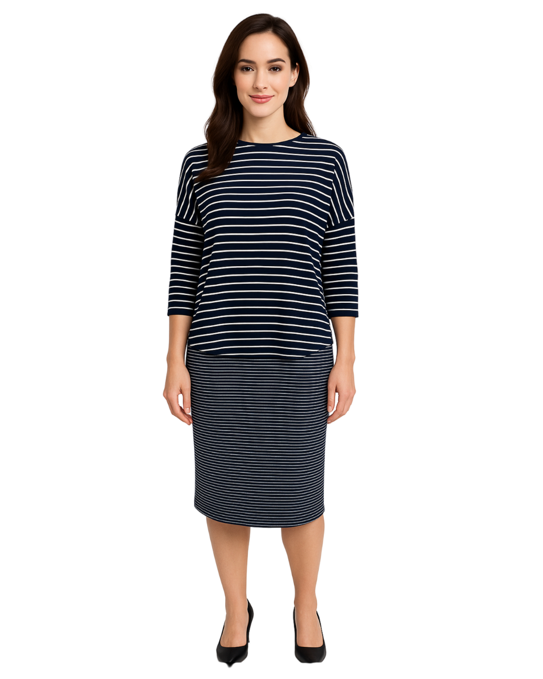 Modest Midi Pencil Skirt Below the Knee with Elastic Waist - Striped Pattern by Kosher Casual USA