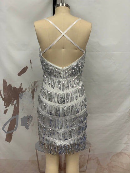 Women Clothing Summer Dress Sexy Sheath Sequined Tassel Nightclub Cami Dress by Ragazza
