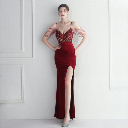 Korean Velvet Sequined Annual Party Social Long Evening Dress by Ragazza
