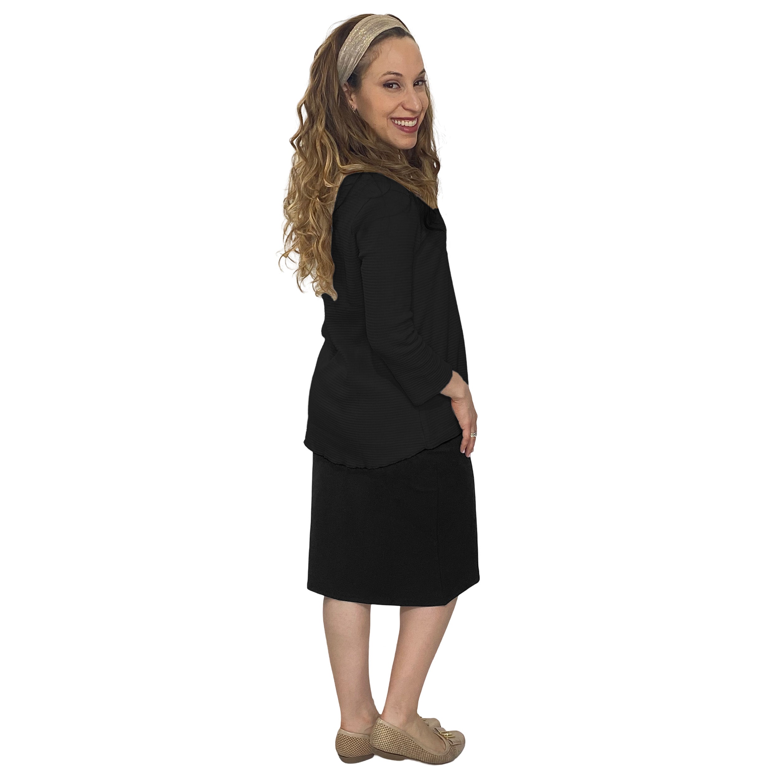 Cotton Waffle Knit Modest Top - 3/4 Sleeve with High Neckline by Kosher Casual USA