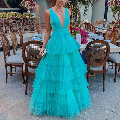 Summer Women Clothing Dress Net Yarn Cake Dress V neck Brace Evening Dress by Ragazza