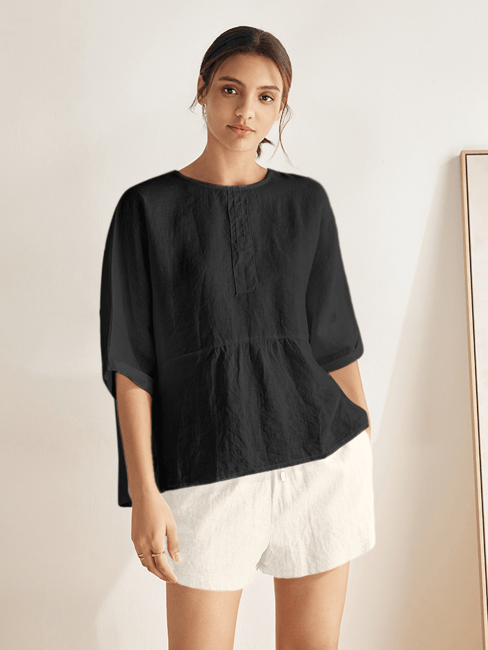 100% Linen Round Neck Mid-Sleeve Top ROBYN by LINTICO