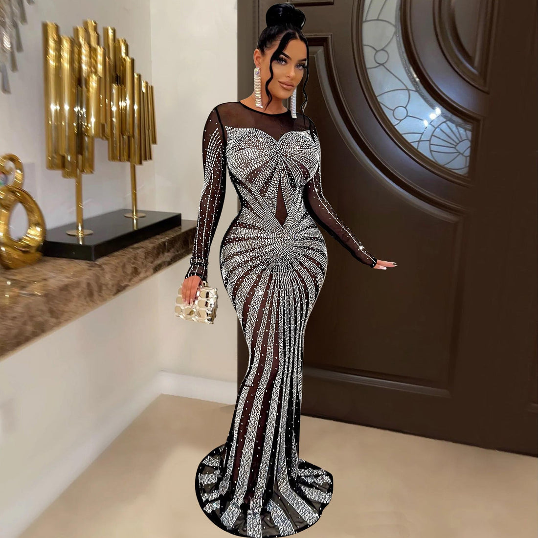 Women Solid Color Mesh See Through Rhinestone Long Sleeve Dress by Ragazza