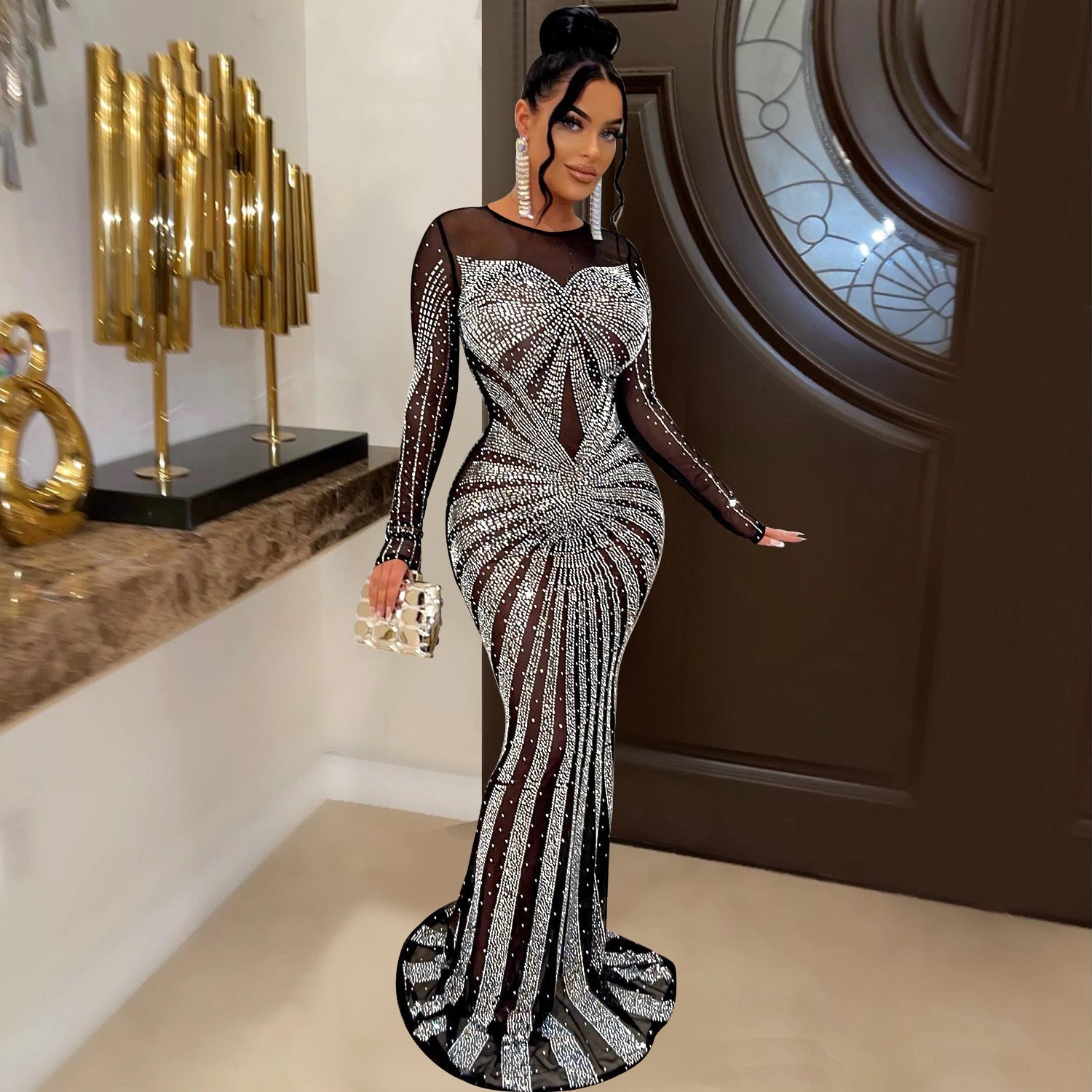 Women Solid Color Mesh See Through Rhinestone Long Sleeve Dress by Ragazza