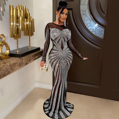 Women Solid Color Mesh See Through Rhinestone Long Sleeve Dress by Ragazza