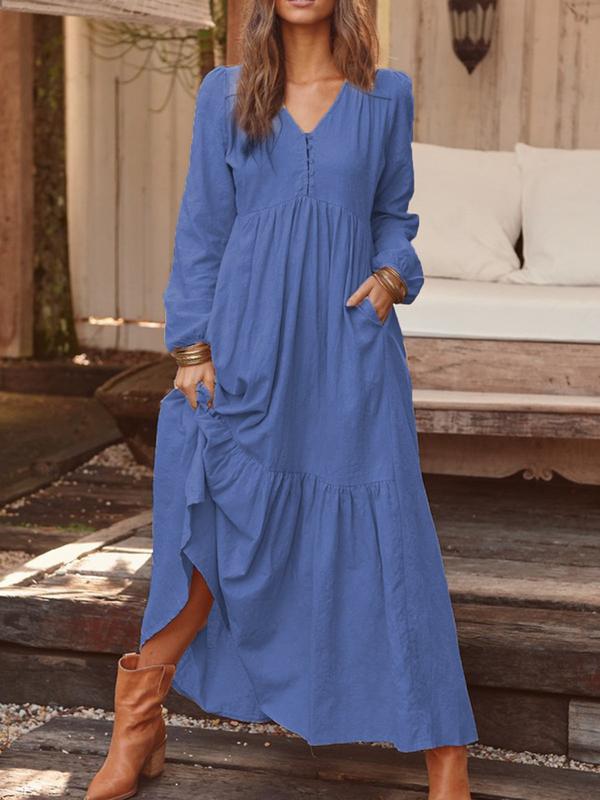 Autumn Winter Women Clothing Button Cotton Linen Retro Casual Long-Sleeved Dress Large Swing Dress Multi-Color by Ragazza