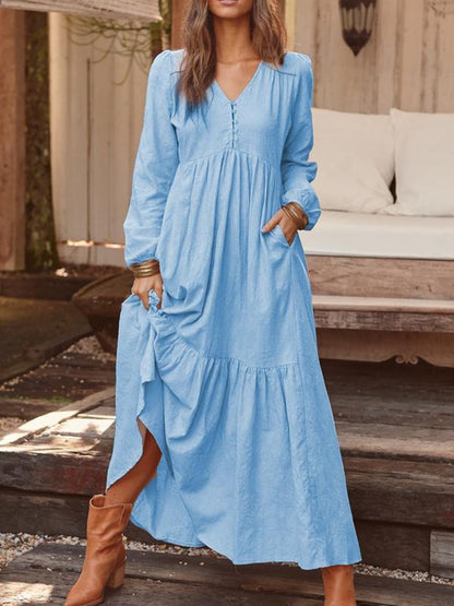 Autumn Winter Women Clothing Button Cotton Linen Retro Casual Long-Sleeved Dress Large Swing Dress Multi-Color by Ragazza
