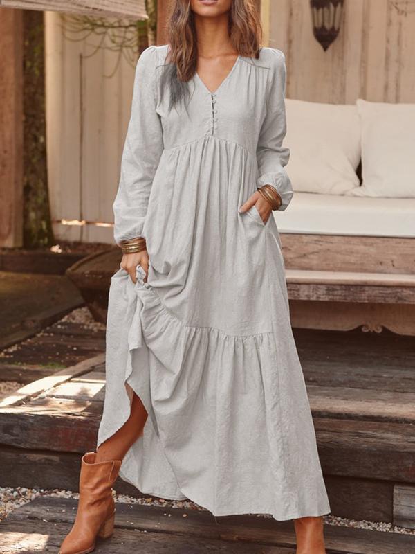 Autumn Winter Women Clothing Button Cotton Linen Retro Casual Long-Sleeved Dress Large Swing Dress Multi-Color by Ragazza