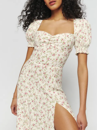 French Elegant Slim Fit High Waist Slit Sexy Print Square Collar Dress Summer Midi Dress by Ragazza