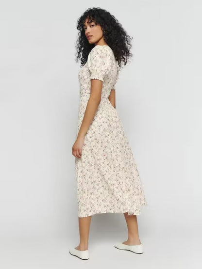 French Elegant Slim Fit High Waist Slit Sexy Print Square Collar Dress Summer Midi Dress by Ragazza