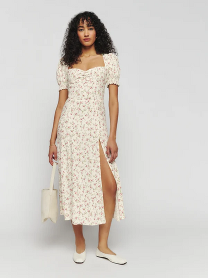 French Elegant Slim Fit High Waist Slit Sexy Print Square Collar Dress Summer Midi Dress by Ragazza