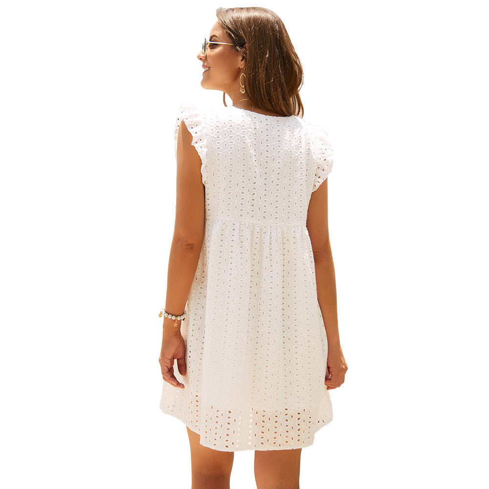 Office Women Clothing Summer V-neck Short SleeveLace Midi Dress Eyelet Embroidery  DestGlow