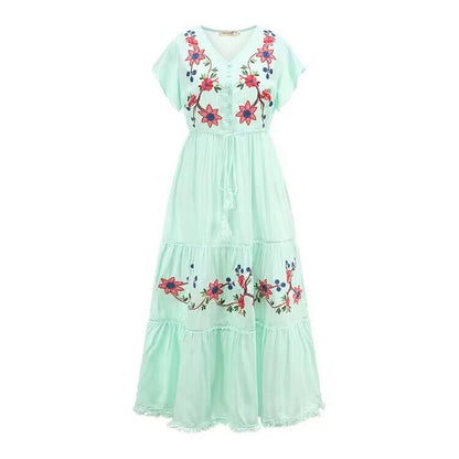 Women Summer Vacation Elegant Niche Exquisite Embroidered Flower Vacation Dress by Ragazza