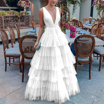 Summer Women Clothing Dress Net Yarn Cake Dress V neck Brace Evening Dress by Ragazza