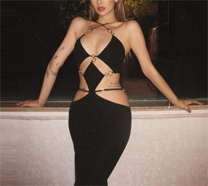 Women Clothing Summer Sexy Low Cut Ring Stitching Halter Spaghetti Straps Backless Slit Dress by Ragazza