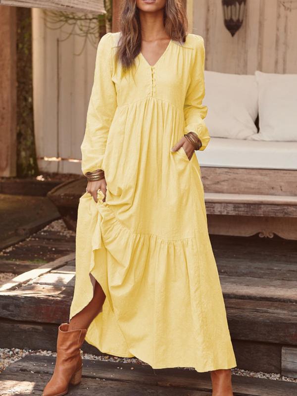 Autumn Winter Women Clothing Button Cotton Linen Retro Casual Long-Sleeved Dress Large Swing Dress Multi-Color by Ragazza